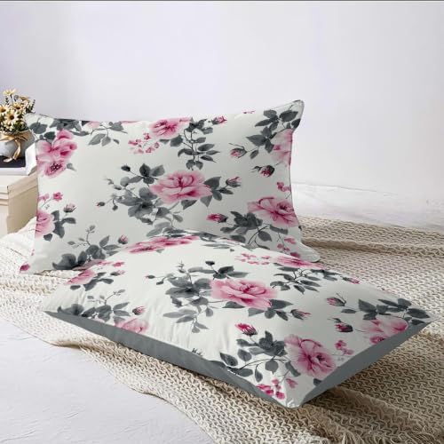 Grey Country Watercolor Roses King Duvet Cover Set Microfiber