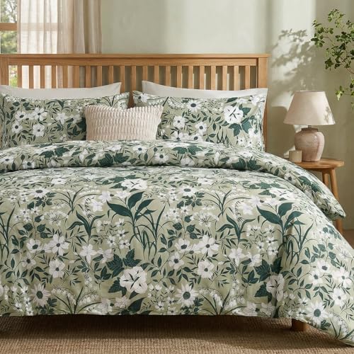 Green Floral Duvet Cover and Pillowcases Queen 100% Cotton Decorative