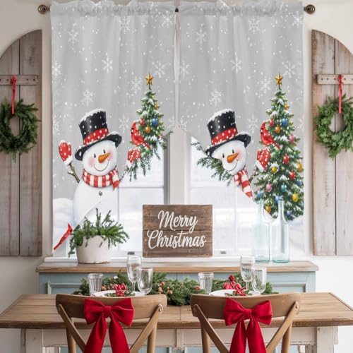 Winter Snowman Swag Valance Curtains Neutral Christmas Tree Red