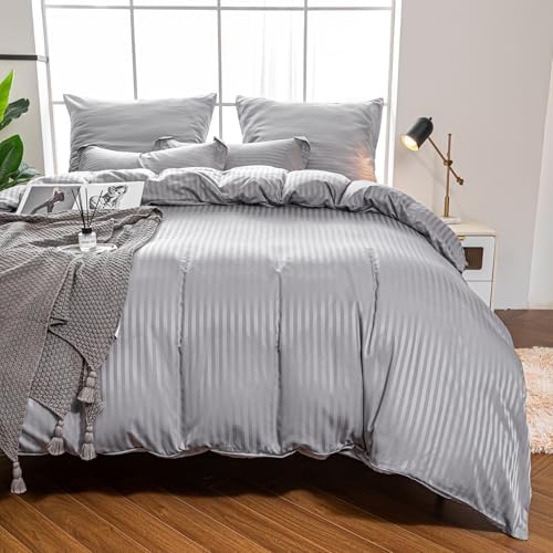 Hotel Duvet Cover King Size Grey Satin Pin Striped 3 Piece Set