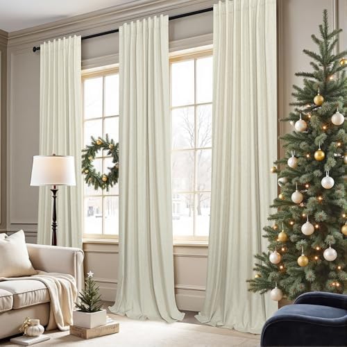 Pitalk 100% Blackout Cream Beige Linen Textured Curtains and Ivory