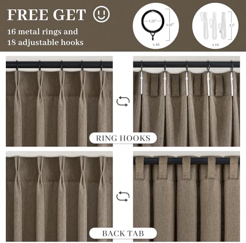 2 Panels Dark Brown Pinch Pleated Linen Curtains 96 Inches Long