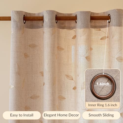 AmHoo 2 Panels Embroidered Leaf Faux Linen Curtains 170GSM Light