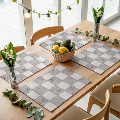 Cream Gray Checkered Placemats Set of 8, Cotton Linen Fabric Place