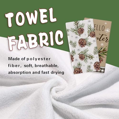 Hello Winter Brown Kitchen Dish Towel, Pine Cones Branches Snowflakes