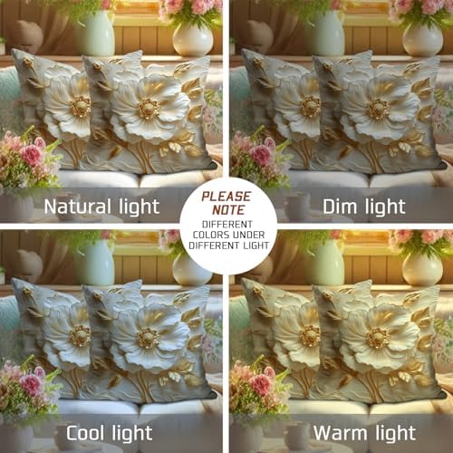 Elegant Floral Throw Pillow Covers Set of 2, Cream White and Gold