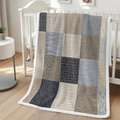 Khaki Grey Woven Sherpa Fleece Throw Blanket Modern Minimalist