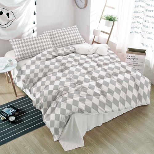 Duvet Cover Set Queen, Abstract Gray White Plaid 3 Piece Bedding Set