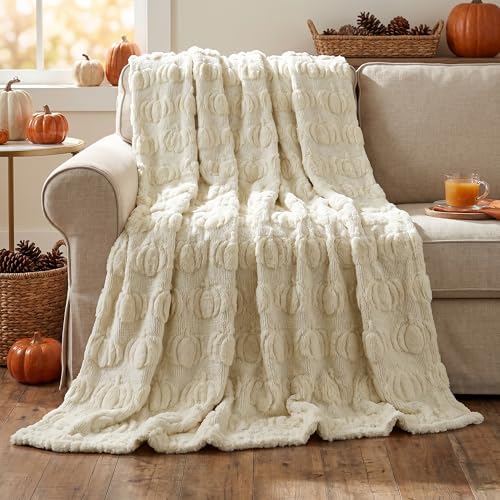 Horaldaily Fall Beige Pumpkin Faux Fur Throw Blanket 60x80