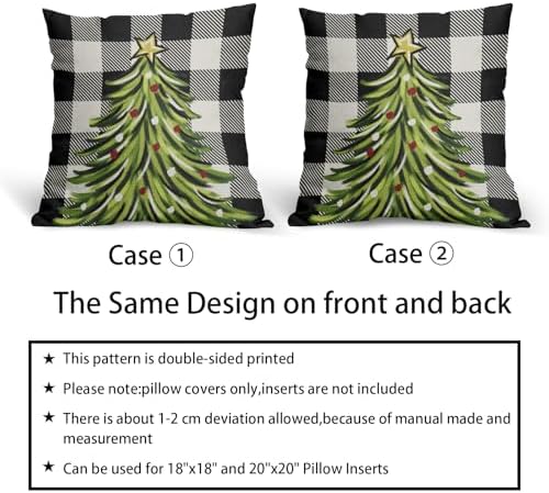 Black Christmas Plaid Pillow Covers 22x22 Inch Set of 2 Xmas Tree