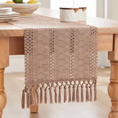 ZeeMart Macrame Style Boho Table Runner, 12x48 Inch Taupe
