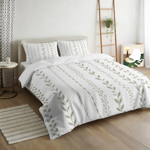 Spring Botanical Duvet Cover Queen Size, Modern Simple Floral Stripes