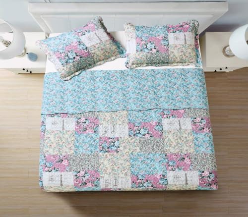 Brilliant Sunshine Lilac Rose Toile Lively Patchwork Quilt Set, King