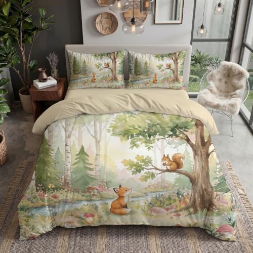 Sage Green Fairy Tale Animal Forest Duvet Cover Set For Women Girls