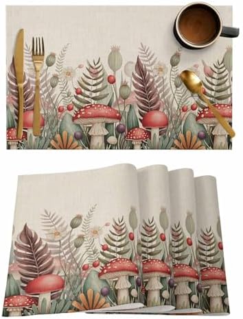 Placemats Set of 8, Mushroom Vintage Woven Placemat, Linen Place Mats