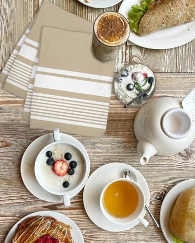 Farmhouse Beige Striped Waffle Kitchen Hand Towels Set of 3,Modern
