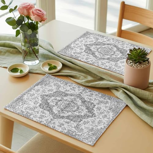 Placemats Set of 8, Gray Ethnic Flower Texture Washable Table Mats for