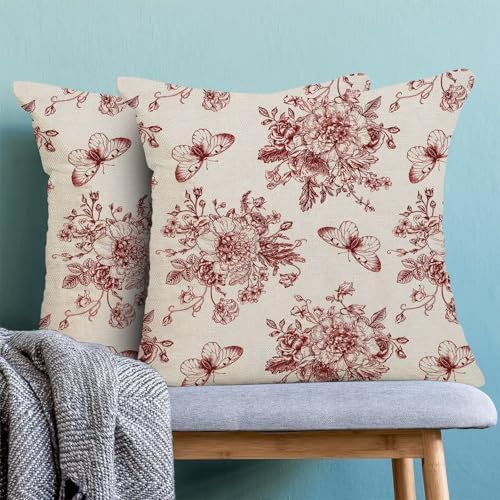 Chinoiserie Wine Red Floral Pillow Covers 18x18 Set of 2, Chinoiserie