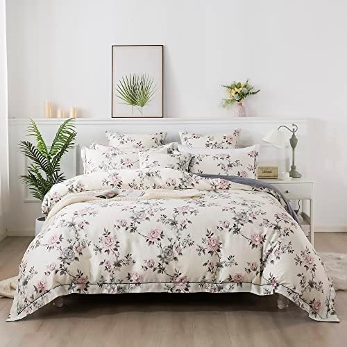 FADFAY Duvet Cover Set Queen Vintage Rose Floral Bedding Shabby Grey