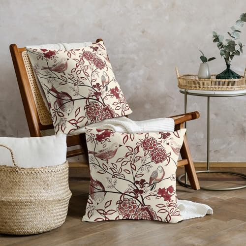 Burgundy Red Floral Pillow Covers 18X18 Inch Chinoiserie Vintage Bird