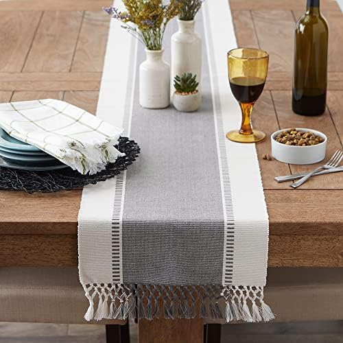 DII Dobby Stripe Table Runner, 13x108 Cool Gray & Cream Background