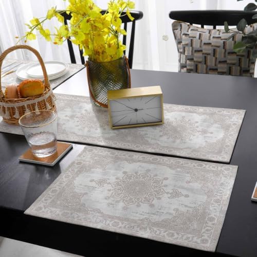 Beige Grey Contemporary Table Mats Set of 6 with Table Runner