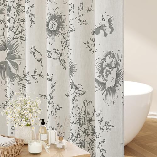 Grey Floral Linen Shower Curtain, Cottagecore French Country, 72x72