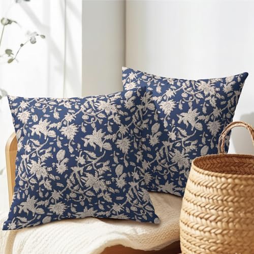 Navy Blue Floral Block Print Throw Pillow Covers 22x22 Inch Set of 2