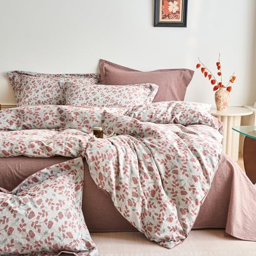 mixinni King Size Jacquard Duvet Cover Set – 100% Washed Cotton Floral