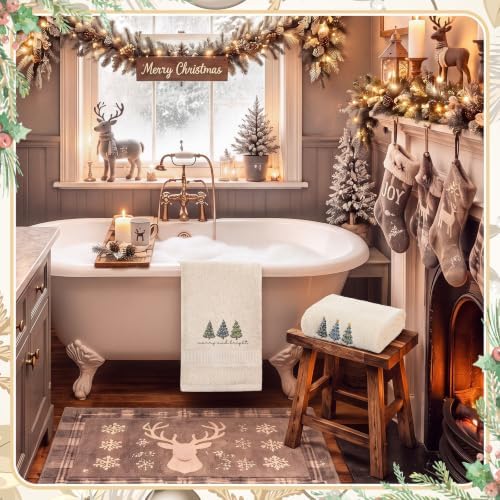 Tudomro 2 Pcs Cream Christmas Hand Towels Embroidered Christmas Trees