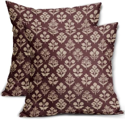 Burgundy Red Floral Block Print Pillow Covers 18x18 Inch Set of 2