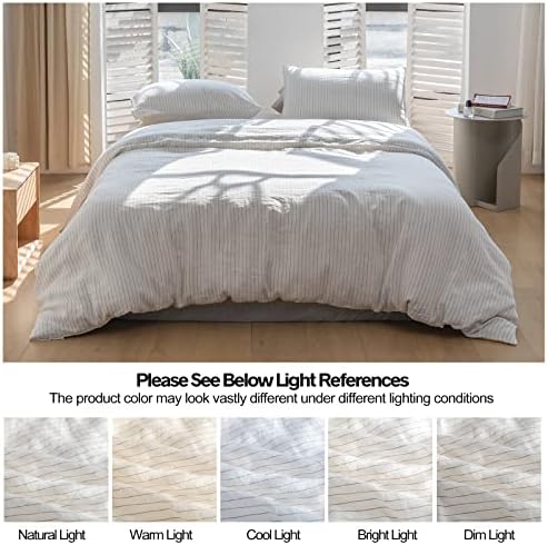 Simple&Opulence 100% Pure Linen Duvet Cover Set, 3Pcs Striped Washed