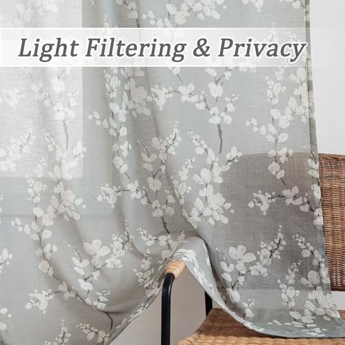 FMFUNCTEX Linen Sheer Blossom Floral Print Curtains Grey 63 Inch 2