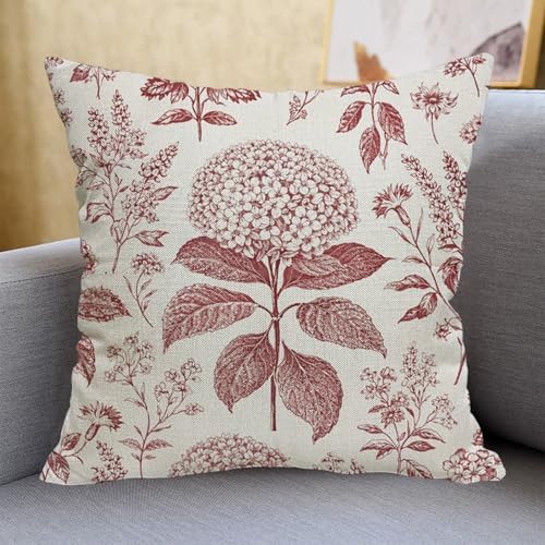 Red Floral Pillow Covers 18x18 Set of 2,Spring Summer burgundy