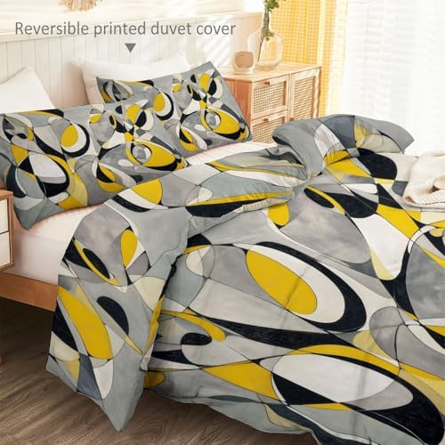 Soft Breathable Duvet Cover Set Grey, Abstract Geometry Curves Print