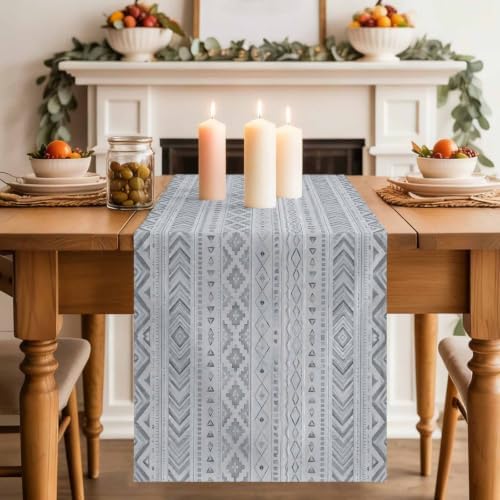 Slate Gray Boho Table Runner 108 Inches Long, Ethnic Tribe Warm