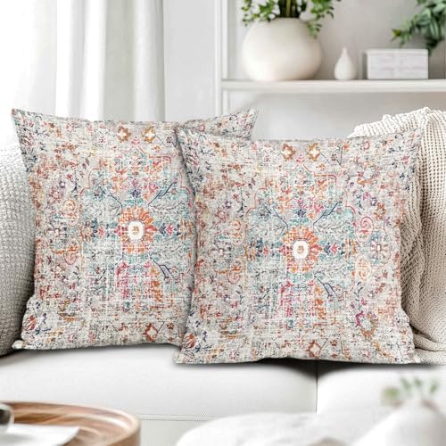 Orange Teal Pink Vintage Bohemian Pillow Covers 20x20 Inch Gray Beige