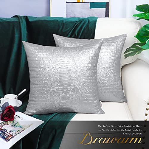 BRAWARM Silver Faux Leather Pillow Covers 18x18, Embossed Crocodile