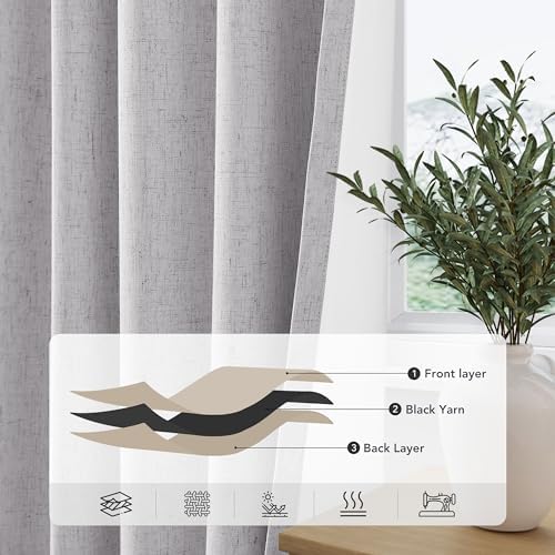 Grommet Grey 100% Blackout Linen Curtains 96 inches Long for Bedroom
