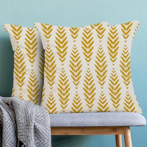 Mustard Yellow Boho Pillow Covers 20 x 20 Inch Set of 2 Herringbone