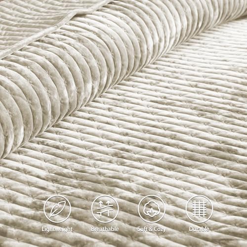 LEAONME Velvet Quilt King Size 98''x106'', Lightweight Beige Velvet