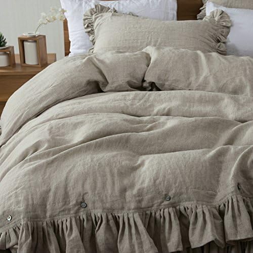 100% Linen Duvet Cover Set, 3Pcs Farmhouse Ruffled Bedding Cover Set