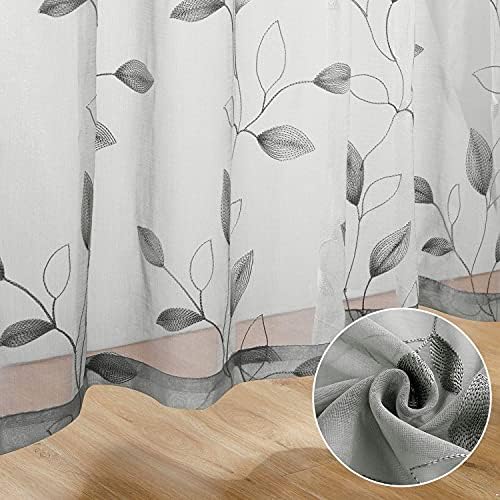 HOMEIDEAS Light Grey Sheer Curtains Leaf Embroidered, 52x63 Inch, 2