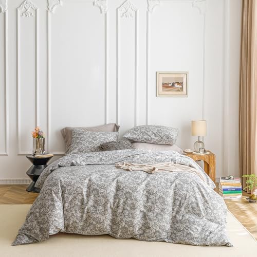 SUSYBAO Grey Paisley Floral Duvet Cover Queen 100% Cotton 3 Pcs Set