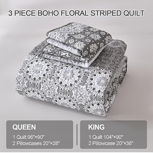 WONGS BEDDING Boho Quilt Full Set,3 Pcs Grey Floral Striped Bedspread