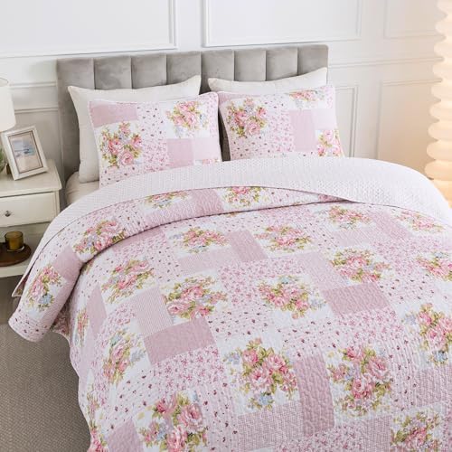Soul & Lane - Pink Floral Patchwork Cotton Quilt Set, King with 2