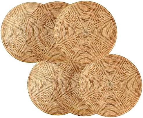 i-lan Set of 6 Round Rattan Placemats 12 Inch - Handmade Woven Wicker