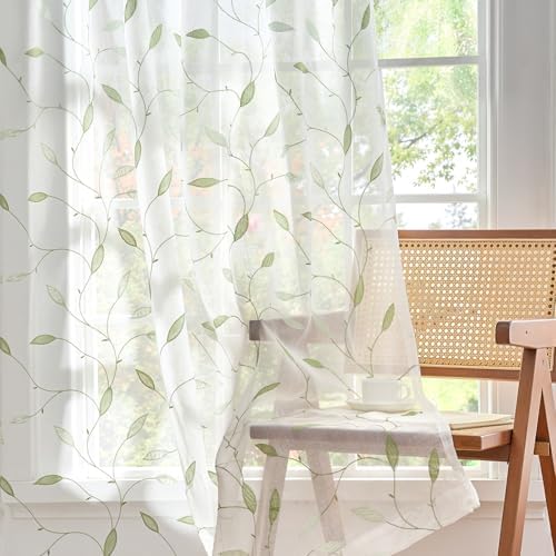 Lazzzy Embroidered Sheer Curtains Floral Leaf White Sheer Curtain for