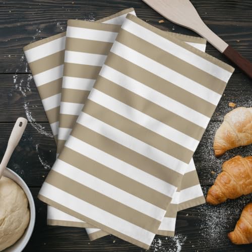 Khaki and White Striped Kitchen Towels Set of 3, Gradient Geometric