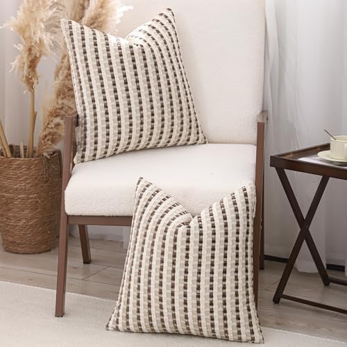 Boho Jacquard Throw Pillow Covers 20x20 Inch Set of 2 Beige Brown